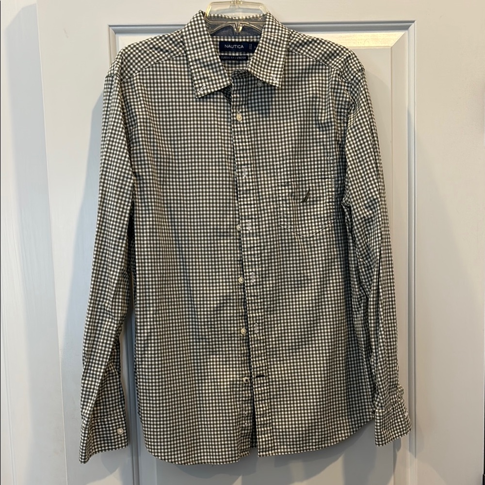 Nautica Men's Sage and White Checkered Shirt